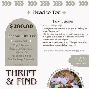 THRIFT AND FIND: HEAD TO TOE PACKAGE $200.00 ten to fifteen items